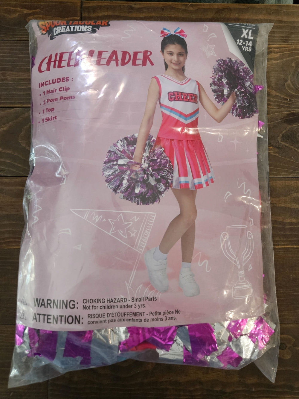 Girls' Pink Cheerleader Costume with Pom Poms - XL (12-14)